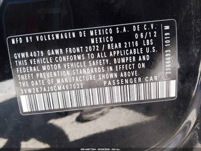 Aukcja sprzedaży 2012 Volkswagen Jetta 2.0l S, vin: 3VW2K7AJ0CM467033, numer aukcji: 44977264