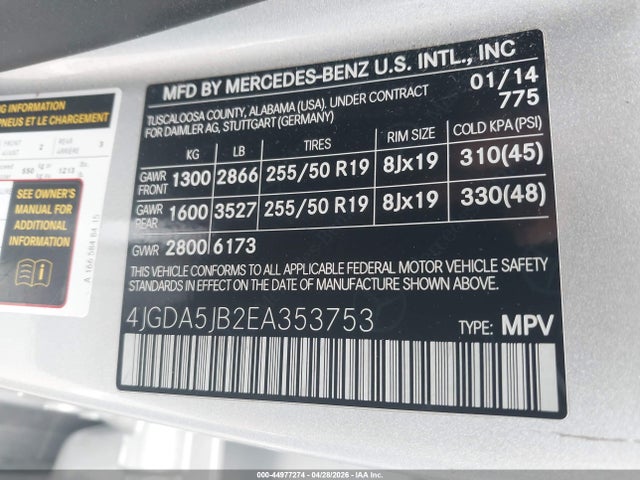 Продажа на аукционе авто 2014 Mercedes-benz Ml 350, vin: 4JGDA5JB2EA353753, номер лота: 44977274