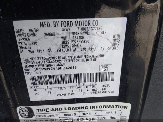 Продаж на аукціоні авто 2009 Ford F-150 King Ranch/lariat/platinum/xl/xlt, vin: 1FTPW12V49FB42616, номер лоту: 44977275