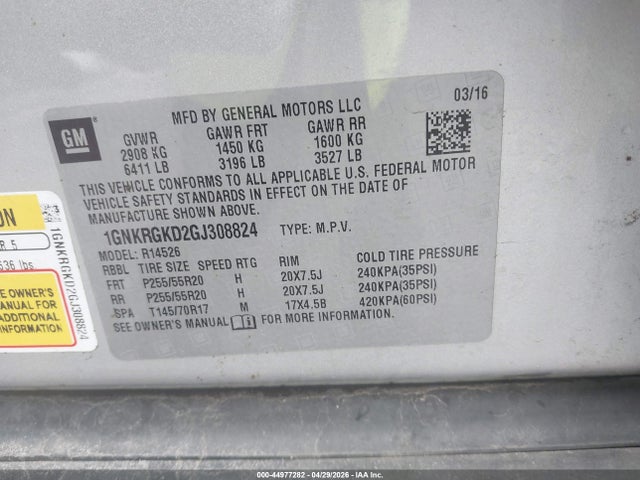 Aukcja sprzedaży 2016 Chevrolet Traverse 1lt, vin: 1GNKRGKD2GJ308824, numer aukcji: 44977282