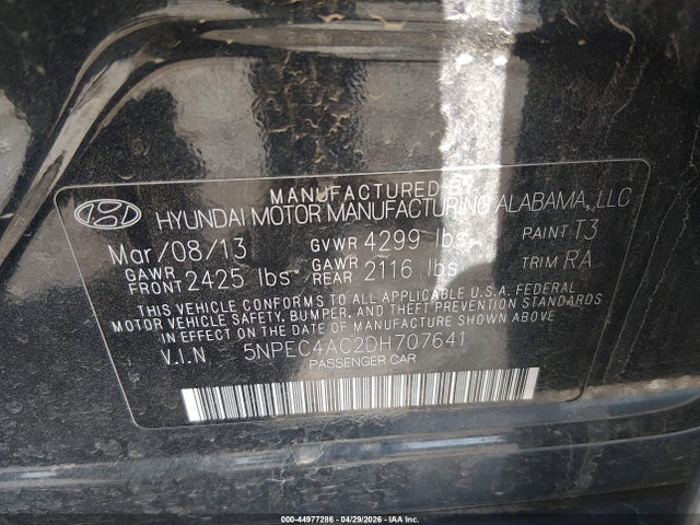 2013 Hyundai Sonata Limited მანქანა იყიდება აუქციონზე, vin: 5NPEC4AC2DH707641, აუქციონის ნომერი: 44977286