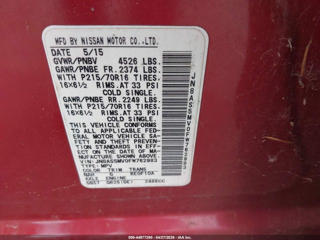 JN8AS5MV0FW762983 Nissan Rogue Select S