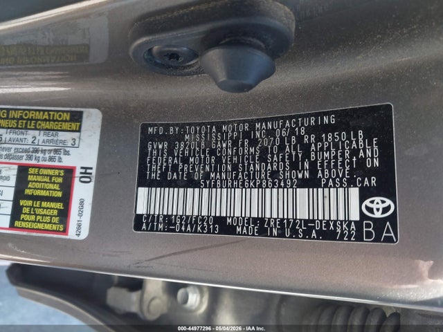 2019 Toyota Corolla Se მანქანა იყიდება აუქციონზე, vin: 5YFBURHE6KP863492, აუქციონის ნომერი: 44977296