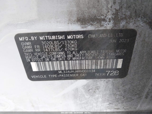 Aukcja sprzedaży 2024 Mitsubishi Mirage Es/le, vin: ML32AUHJ4RH001034, numer aukcji: 44977298