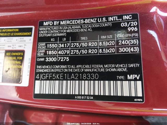Продаж на аукціоні авто 2020 Mercedes-benz Gls 450 4matic, vin: 4JGFF5KE1LA218330, номер лоту: 44977302
