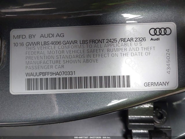 2017 Audi A3 E-tron 1.4t Premium მანქანა იყიდება აუქციონზე, vin: WAUUPBFF9HA070331, აუქციონის ნომერი: 44977307