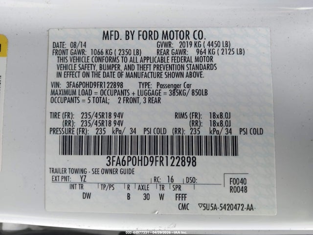2015 Ford Fusion Se მანქანა იყიდება აუქციონზე, vin: 3FA6P0HD9FR122898, აუქციონის ნომერი: 44977331
