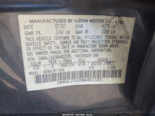 Aukcja sprzedaży 2008 Nissan Altima 2.5 S, vin: 1N4AL21E08N401585, numer aukcji: 44977337