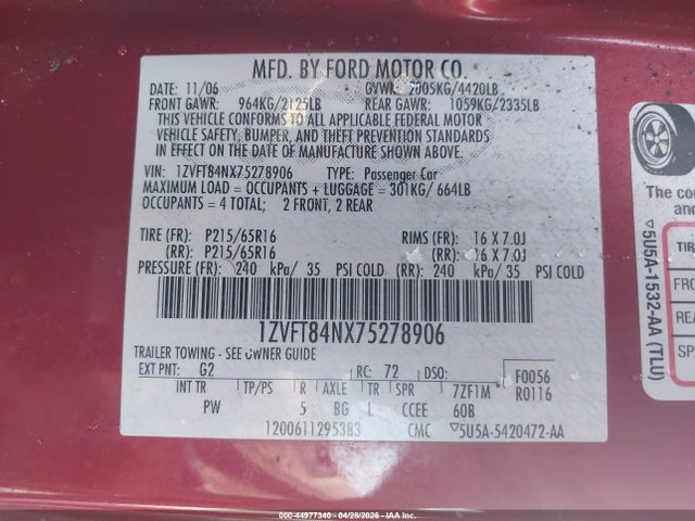 44977340 :رقم المزاد ، 1ZVFT84NX75278906 vin ، 2007 Ford Mustang V6 Deluxe/v6 Premium مزاد بيع