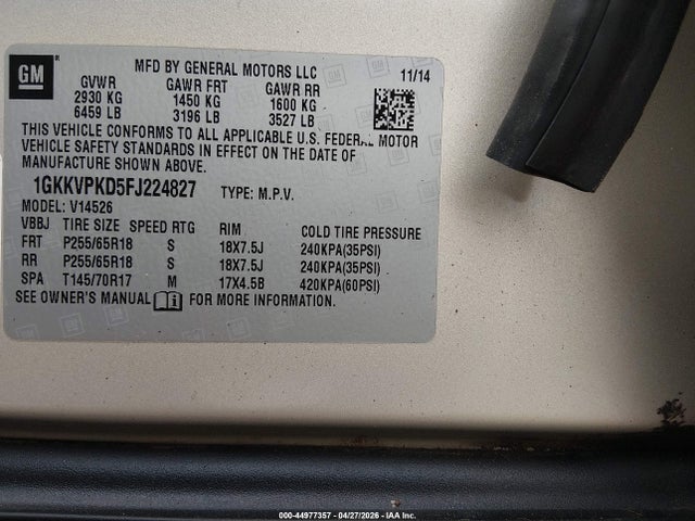 Aukcja sprzedaży 2015 Gmc Acadia Sle-2, vin: 1GKKVPKD5FJ224827, numer aukcji: 44977357