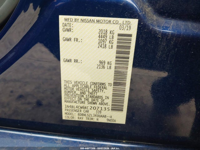 44977359 :رقم المزاد ، 1N4BL4CW6KC207135 vin ، 2019 Nissan Altima 2.5 Sr مزاد بيع