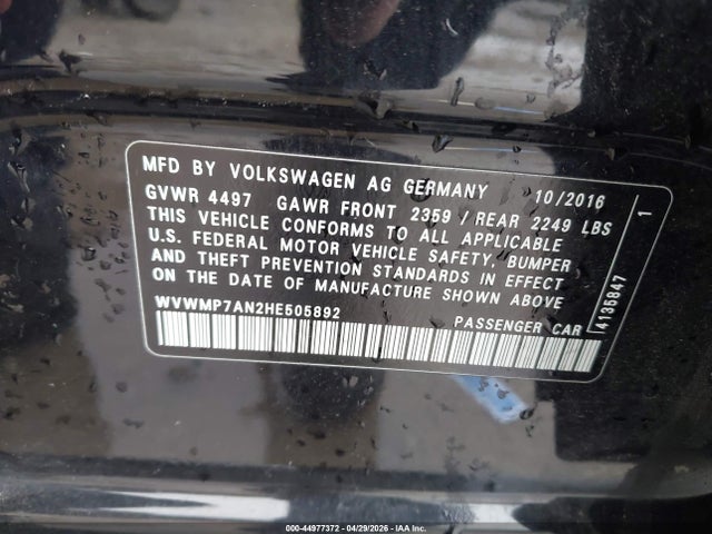 Продаж на аукціоні авто 2017 Volkswagen Cc 2.0t R-line Executive, vin: WVWMP7AN2HE505892, номер лоту: 44977372