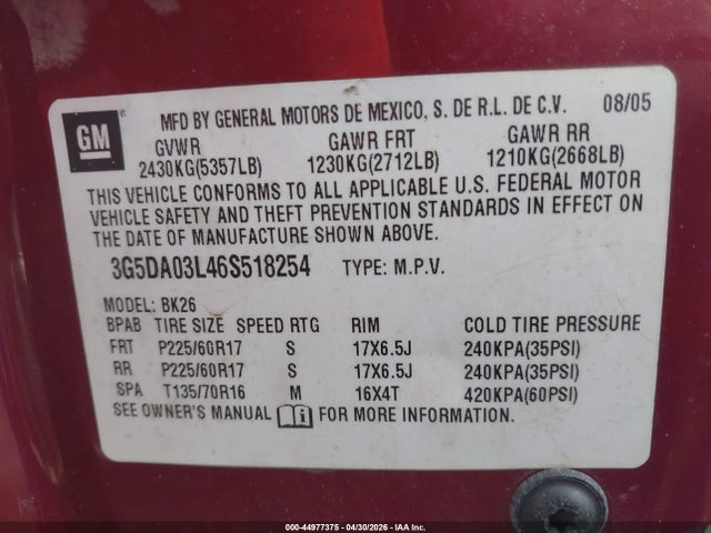 Aukcja sprzedaży 2006 Buick Rendezvous Cx, vin: 3G5DA03L46S518254, numer aukcji: 44977375