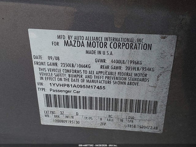 2009 Mazda Mazda6 I Sport მანქანა იყიდება აუქციონზე, vin: 1YVHP81A095M17455, აუქციონის ნომერი: 44977382