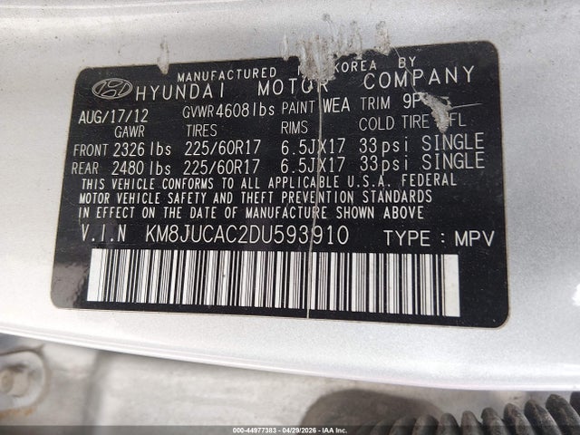 2013 Hyundai Tucson Gls მანქანა იყიდება აუქციონზე, vin: KM8JUCAC2DU593910, აუქციონის ნომერი: 44977383