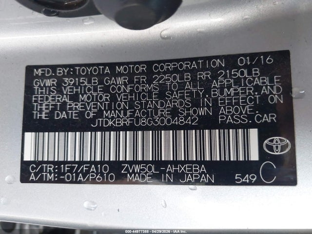 Toyota Prius Two 2016 JTDKBRFU8G3004842 Image 9