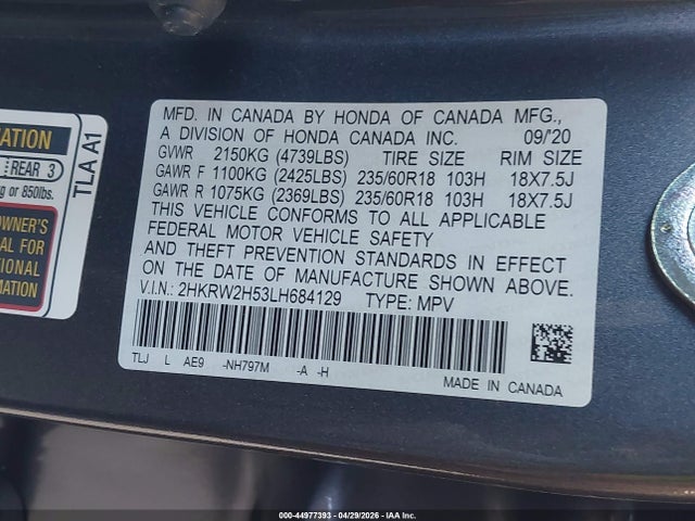 Honda Cr-v Awd Ex 2020 2HKRW2H53LH684129 Image 9