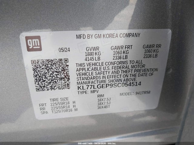 44977400 :رقم المزاد ، KL77LGEP9SC054514 vin ، 2025 Chevrolet Trax Fwd 1rs مزاد بيع