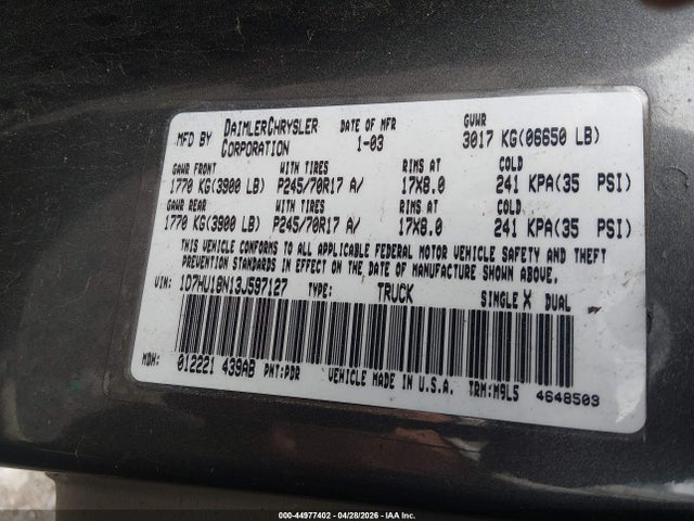 2003 Dodge Ram 1500 Slt/laramie/st მანქანა იყიდება აუქციონზე, vin: 1D7HU18N13J597127, აუქციონის ნომერი: 44977402
