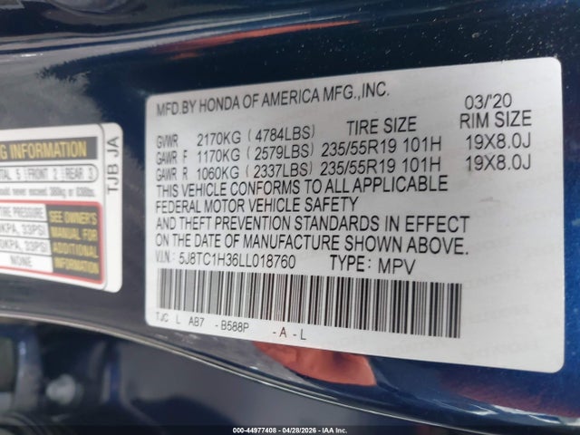 44977408 :رقم المزاد ، 5J8TC1H36LL018760 vin ، 2020 Acura Rdx Standard مزاد بيع