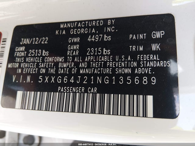 Продаж на аукціоні авто 2022 Kia K5 Gt-line, vin: 5XXG64J21NG135689, номер лоту: 44977412
