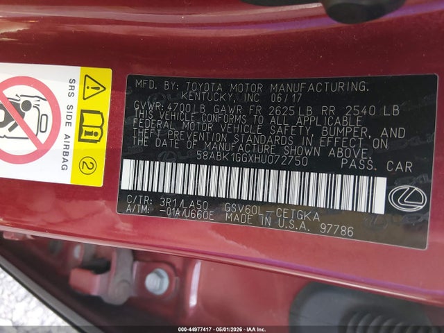 44977417 :رقم المزاد ، 58ABK1GGXHU072750 vin ، 2017 Lexus Es 350 مزاد بيع