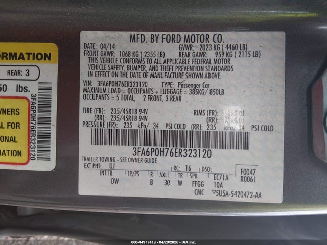 44977418 :رقم المزاد ، 3FA6P0H76ER323120 vin ، 2014 Ford Fusion Se مزاد بيع