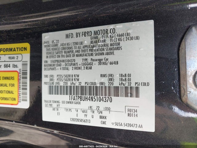 Aukcja sprzedaży 2022 Ford Mustang Ecoboost Premium, vin: 1FATP8UH4N5104370, numer aukcji: 44977423