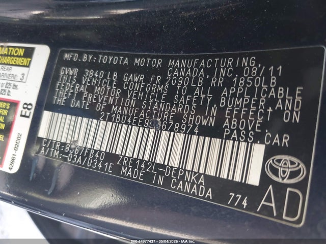 Aukcja sprzedaży 2011 Toyota Corolla Le, vin: 2T1BU4EE9BC678974, numer aukcji: 44977437