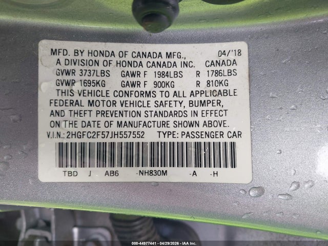 2018 Honda Civic Lx მანქანა იყიდება აუქციონზე, vin: 2HGFC2F57JH557552, აუქციონის ნომერი: 44977441