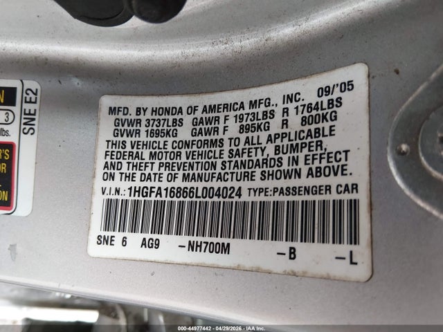 44977442 :رقم المزاد ، 1HGFA16866L004024 vin ، 2006 Honda Civic Ex مزاد بيع