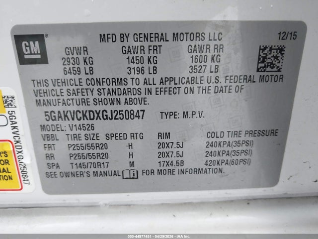 44977451 :رقم المزاد ، 5GAKVCKDXGJ250847 vin ، 2016 Buick Enclave Premium مزاد بيع