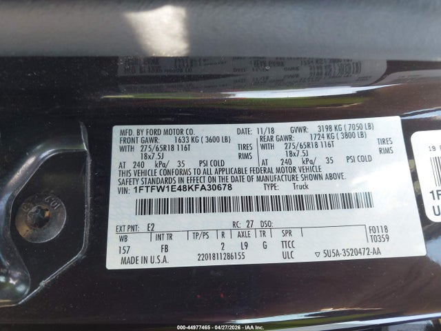 Aukcja sprzedaży 2019 Ford F-150 Xlt, vin: 1FTFW1E48KFA30678, numer aukcji: 44977465