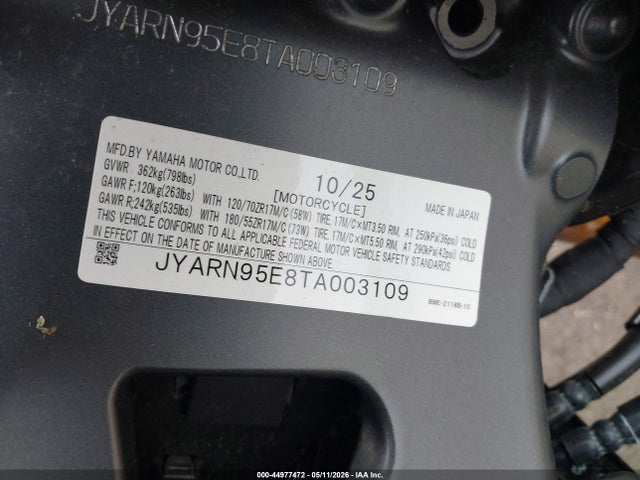 44977472 :رقم المزاد ، JYARN95E8TA003109 vin ، 2026 Yamaha Mt09 Sp مزاد بيع