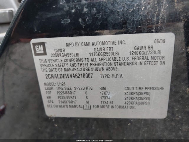 44977473 :رقم المزاد ، 2CNALDEW4A6210007 vin ، 2010 Chevrolet Equinox Lt مزاد بيع