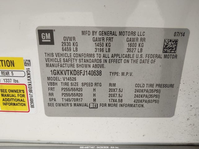 Aukcja sprzedaży 2015 Gmc Acadia Denali, vin: 1GKKVTKD8FJ140638, numer aukcji: 44977487