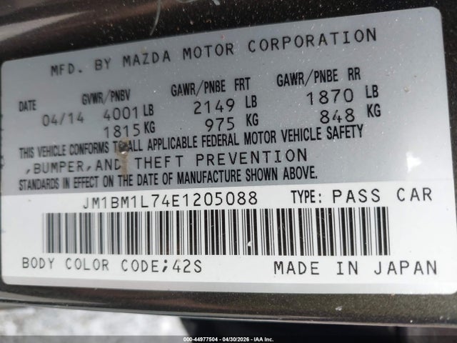 44977504 :رقم المزاد ، JM1BM1L74E1205088 vin ، 2014 Mazda Mazda3 I Touring مزاد بيع