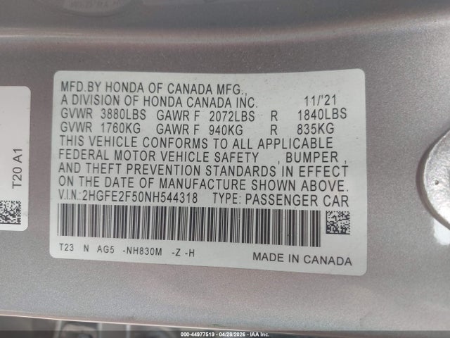 Aukcja sprzedaży 2022 Honda Civic Sport, vin: 2HGFE2F50NH544318, numer aukcji: 44977519