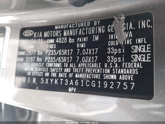 44977535 :رقم المزاد ، 5XYKT3A61CG192757 vin ، 2012 Kia Sorento Lx مزاد بيع