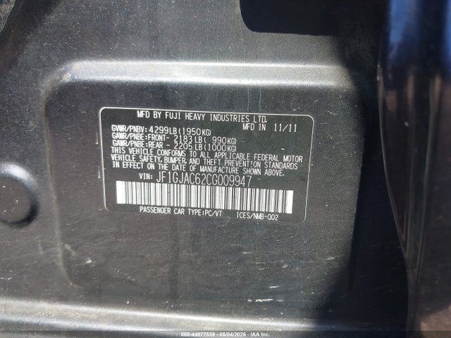 Aukcja sprzedaży 2012 Subaru Impreza 2.0i Premium, vin: JF1GJAC62CG009947, numer aukcji: 44977539