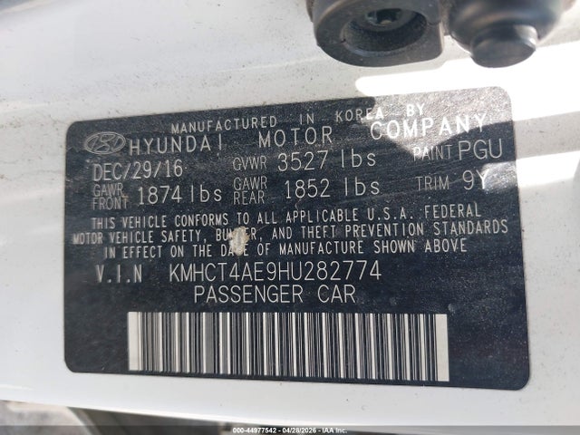 2017 Hyundai Accent Value Edition მანქანა იყიდება აუქციონზე, vin: KMHCT4AE9HU282774, აუქციონის ნომერი: 44977542