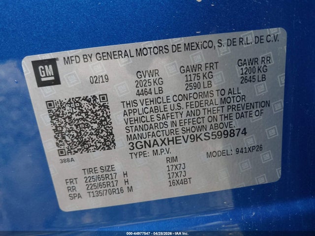 Продажа на аукционе авто 2019 Chevrolet Equinox Ls, vin: 3GNAXHEV9KS599874, номер лота: 44977547