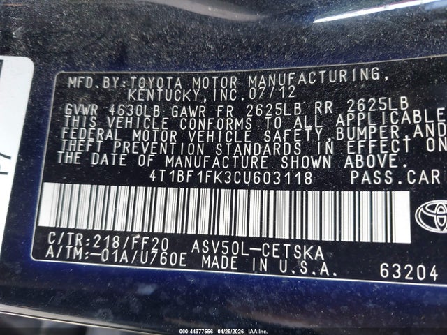 Продаж на аукціоні авто 2012 Toyota Camry Se, vin: 4T1BF1FK3CU603118, номер лоту: 44977556