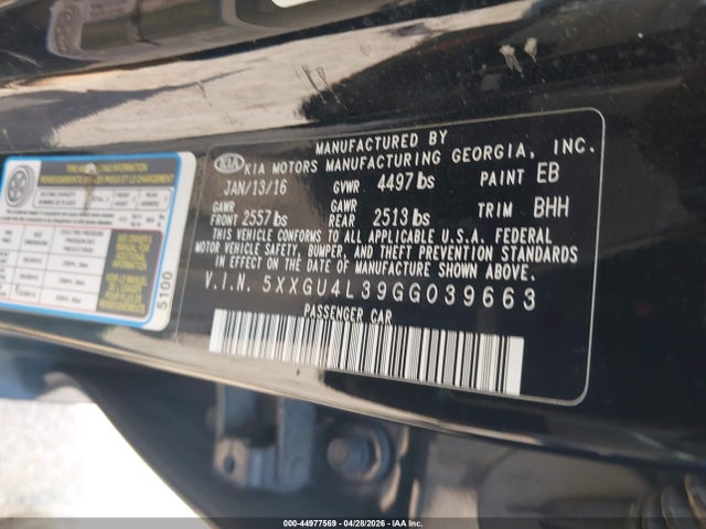 44977569 :رقم المزاد ، 5XXGU4L39GG039663 vin ، 2016 Kia Optima Ex مزاد بيع