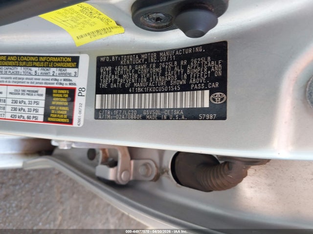 44977570 :رقم المزاد ، 4T1BK1FK0CU501545 vin ، 2012 Toyota Camry Se V6 مزاد بيع