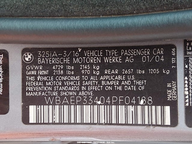 Продажа на аукционе авто 2004 Bmw 325xit, vin: WBAEP33404PF04188, номер лота: 44977582