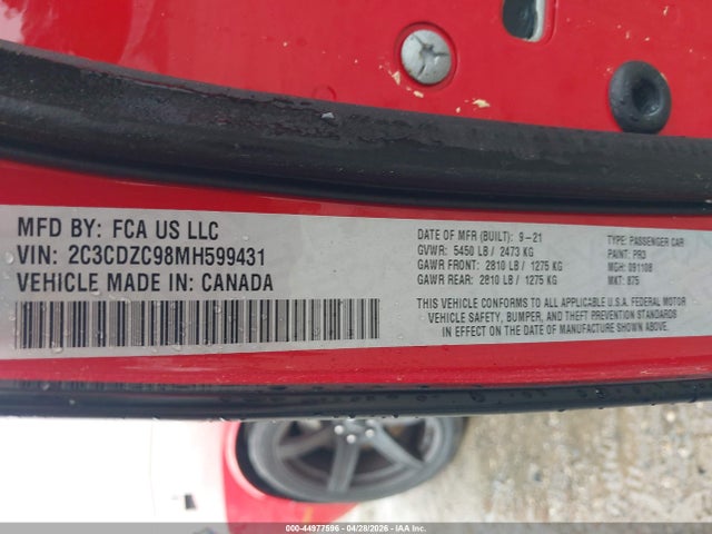 44977596 :رقم المزاد ، 2C3CDZC98MH599431 vin ، 2021 Dodge Challenger Srt Hellcat مزاد بيع