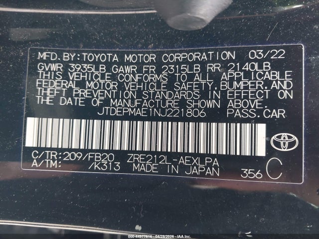 Продаж на аукціоні авто 2022 Toyota Corolla Le, vin: JTDEPMAE1NJ221806, номер лоту: 44977616