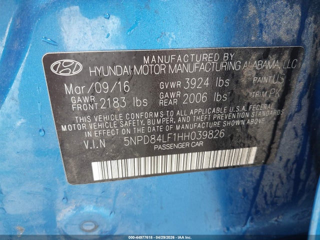 5NPD84LF1HH039826 Hyundai Elantra Limited