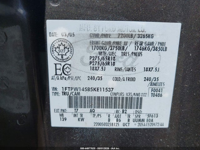 Продажа на аукционе авто 2005 Ford F-150 Fx4/lariat/xlt, vin: 1FTPW14585KE11537, номер лота: 44977625